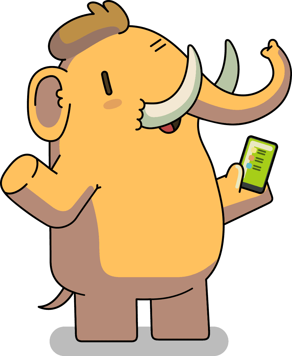 A cartoon of a Mastodon holding a smart phone and winking