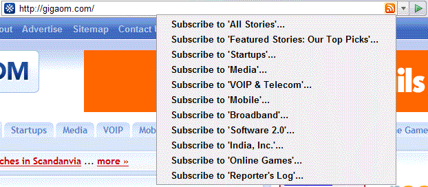 Firefox address bar of page with multiple RSS feeds identified using RSS Autodiscovery