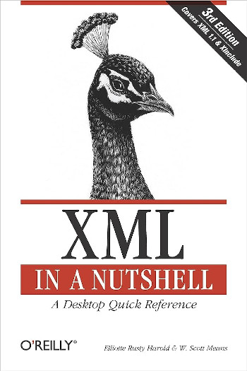 Cover of the O'Reilly book XML in a Nutshell, 3rd Edition, by Elliotte Rusty Harold and W. Scott Means. The cover features a black-and-white illustration of the neck and head of a peafowl bird with a crest of tipped feathers on his head.